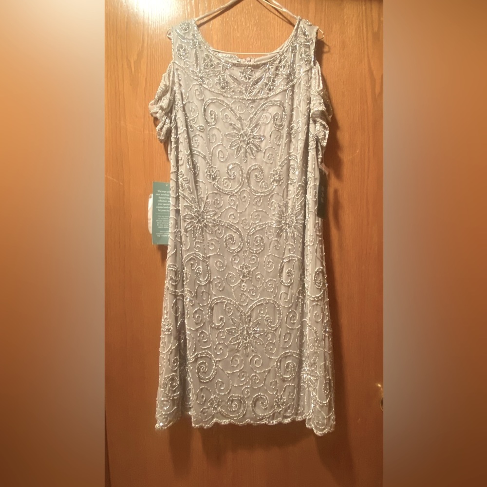 Silver Beaded Cold Shoulder Dress by Prelude. Size 14 Pageant, Dinner, Awards